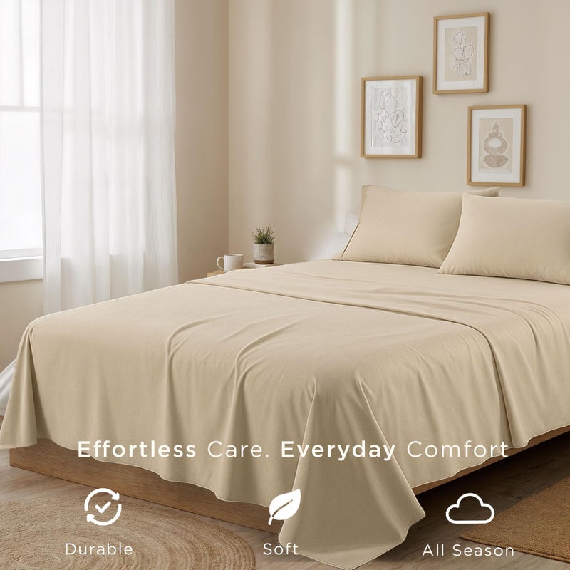 Threadmill 100% Cotton Sheets for King Size Bed | 4 Pc King Bed Sheets Set | Soft, Breathable Lightweight Solid Sateen for All-Season Use | Snug Fit Elastic Deep Pocket King Sheets | Beige - Image 5